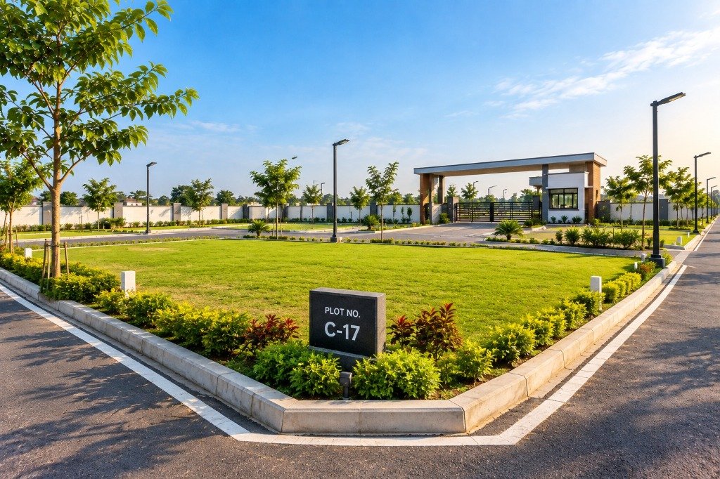 Premium corner residential plot with dual road frontage and demarcated boundary sign at Cine Vista
